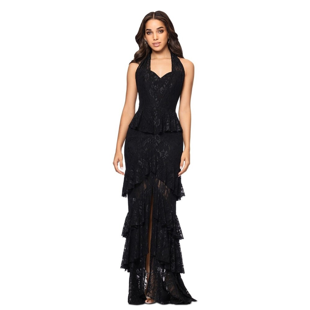 Betsy & Adam Black Lace Halter Dress